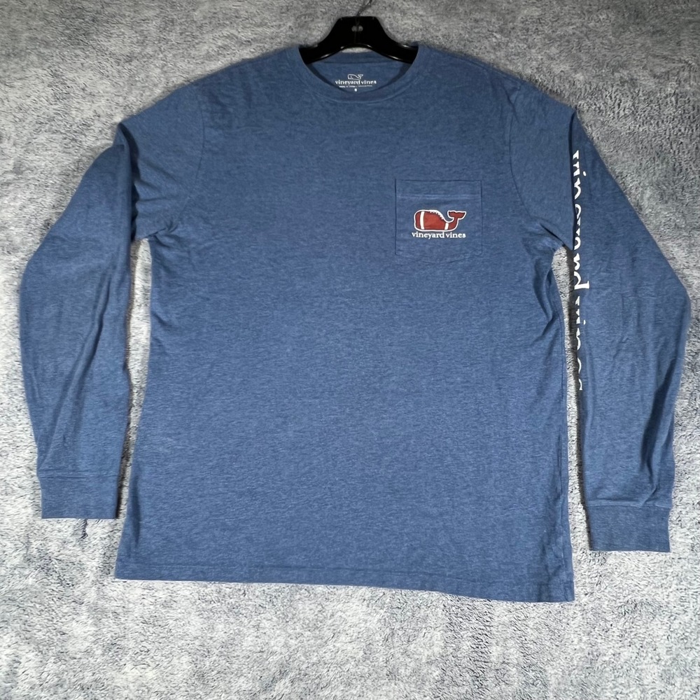 Vineyard Vines Mens Small Blue‎ Football Whale Long Sleeve Pocket T-Shirt Cotton